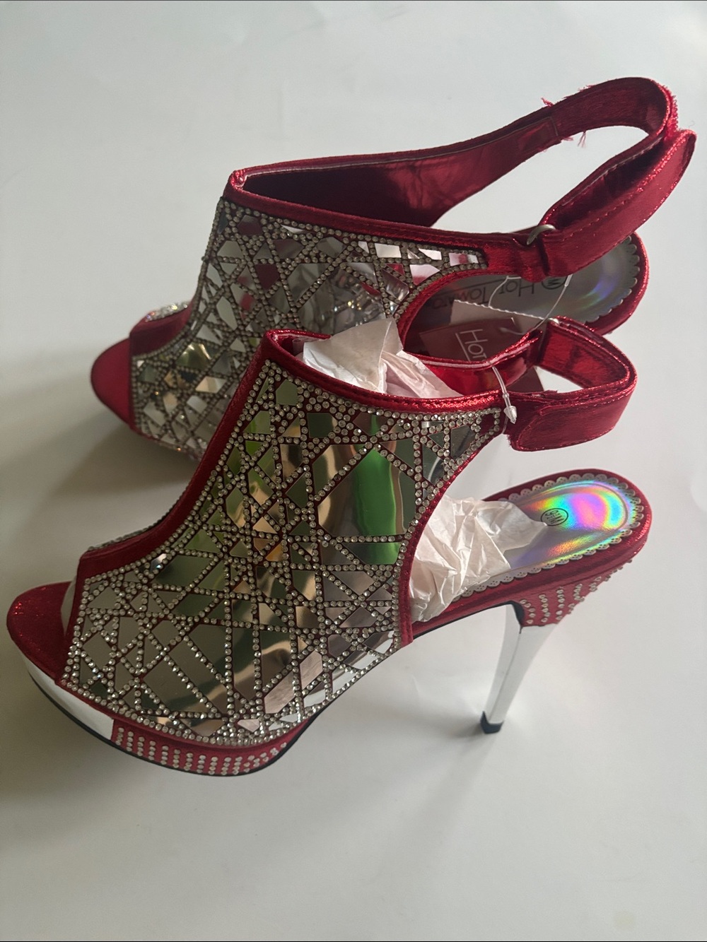 Hot Tomato Red Crystal Mirror High Heel Sandals - Women